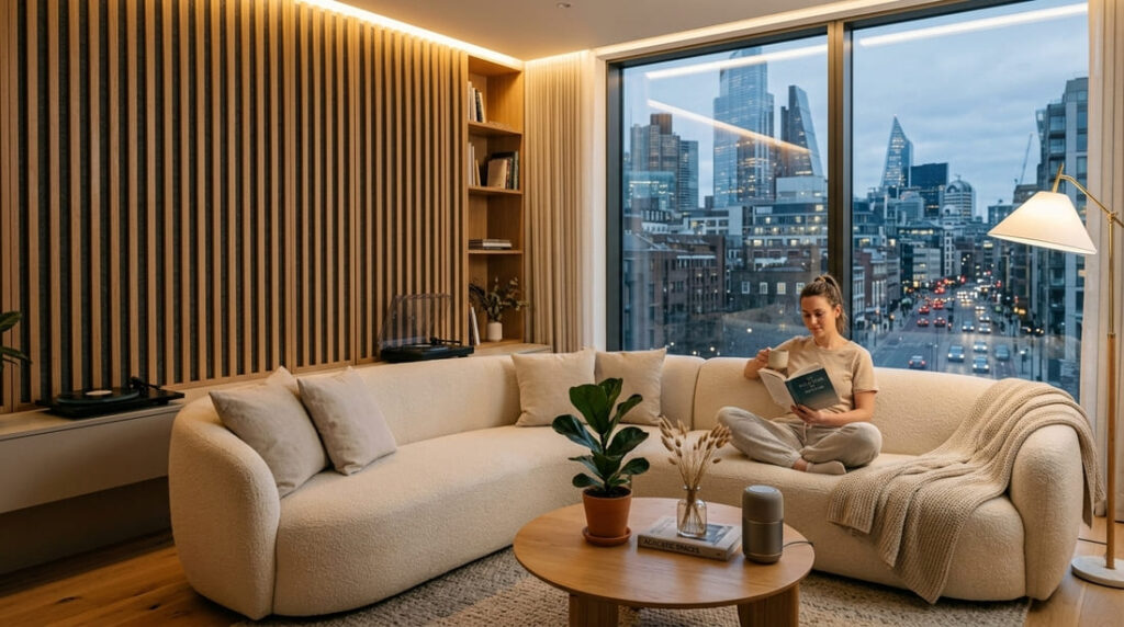 Sala de estar moderna e silenciosa com painel ripado de madeira e fundo de feltro, focada em acústica emocional e neuroarquitetura.