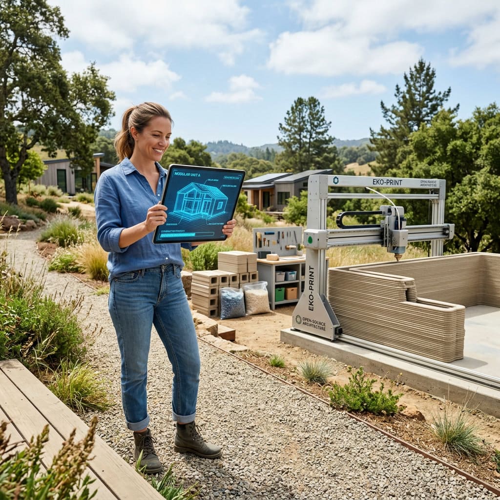 Pessoa segurando um tablet com um projeto de arquitetura open-source, enquanto uma impressora 3D constrói blocos modulares ao fundo.