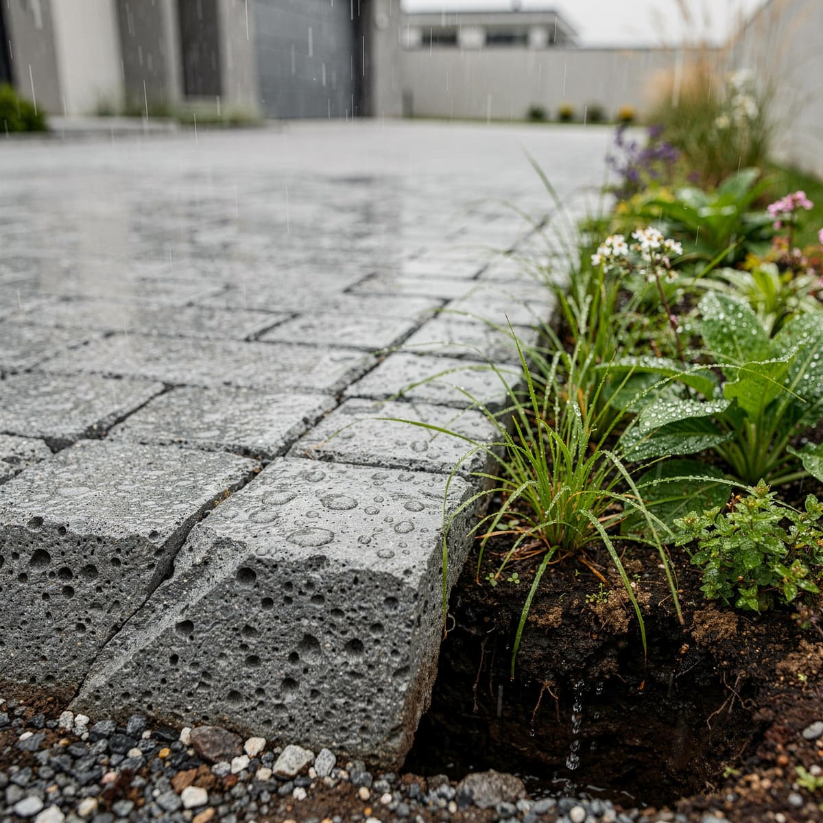 Água da chuva escoando perfeitamente através de um piso permeável em uma calçada sustentável ao lado de um jardim de chuva.