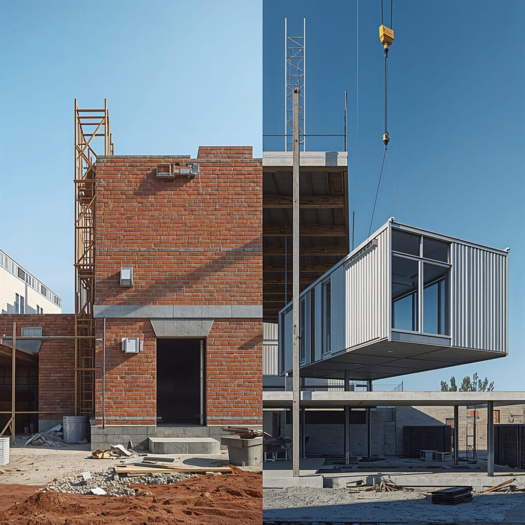 Imagem dividida ao meio comparando uma obra suja de alvenaria convencional de tijolos com uma obra limpa de construção modular de encaixe perfeito.