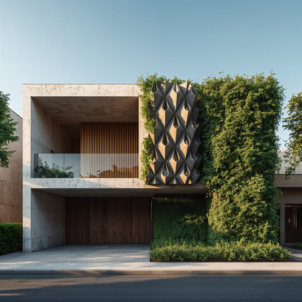 Fachada de casa moderna com pele bioclimática e jardim vertical, representando a era dos materiais carbono-negativos na construção civil.
