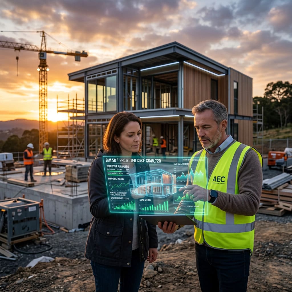 Holograma BIM 5D mostrando um projeto arquitetônico integrado com gráficos financeiros, representando a FinTech Construtiva e a IA preditiva de custos na obra.