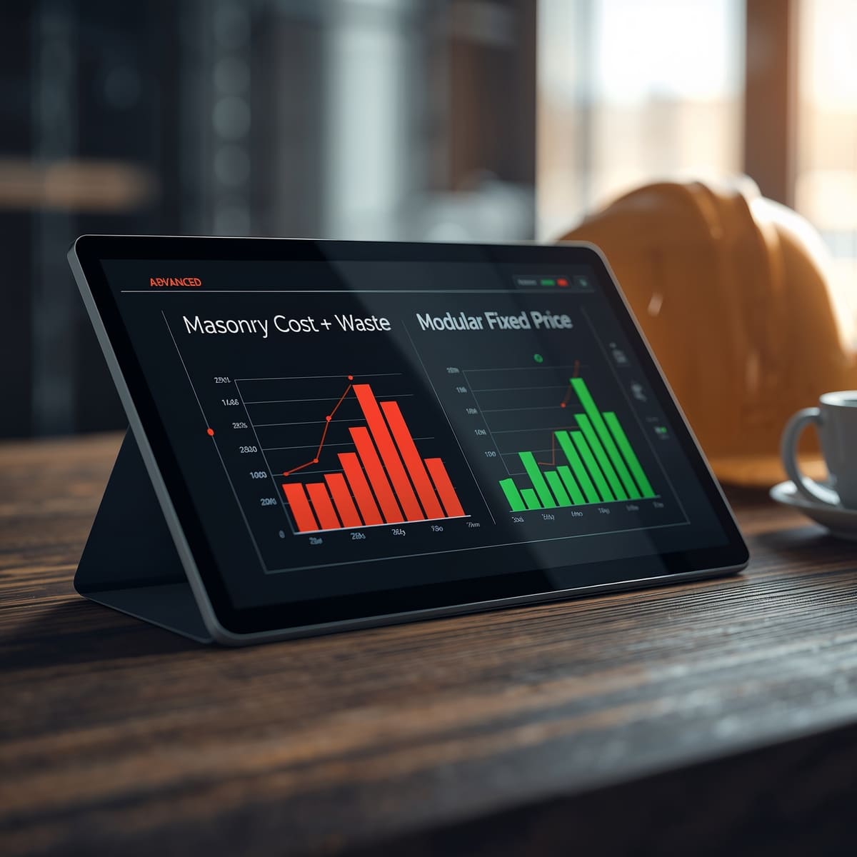 Tela de tablet mostrando um gráfico financeiro que compara os altos custos de desperdício da alvenaria com o preço fixo e menor da construção modular.
