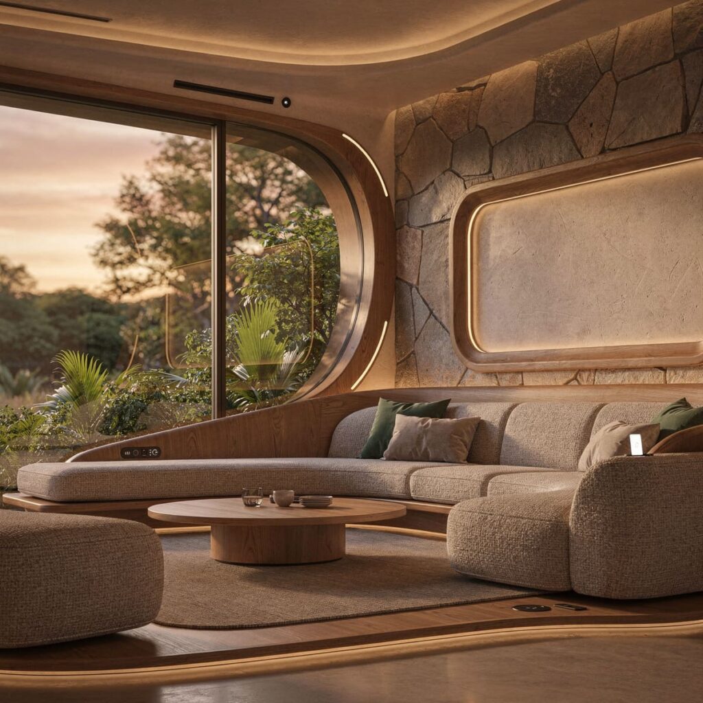 Ambiente interno com design biofílico 2.0, formas orgânicas e grandes janelas integradas ao IoT empático para saúde mental.