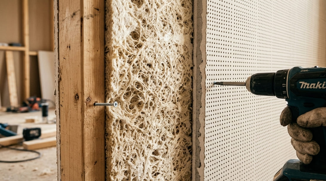 Corte transversal de uma parede mostrando o interior com isolamento acústico ecológico feito de micélio estrutural e gesso perfurado