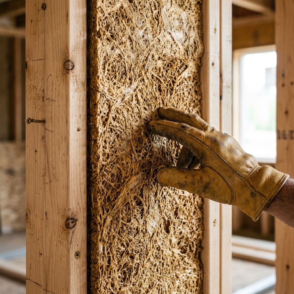 Painel de isolamento térmico feito de micélio estrutural sendo instalado dentro de uma parede moderna.