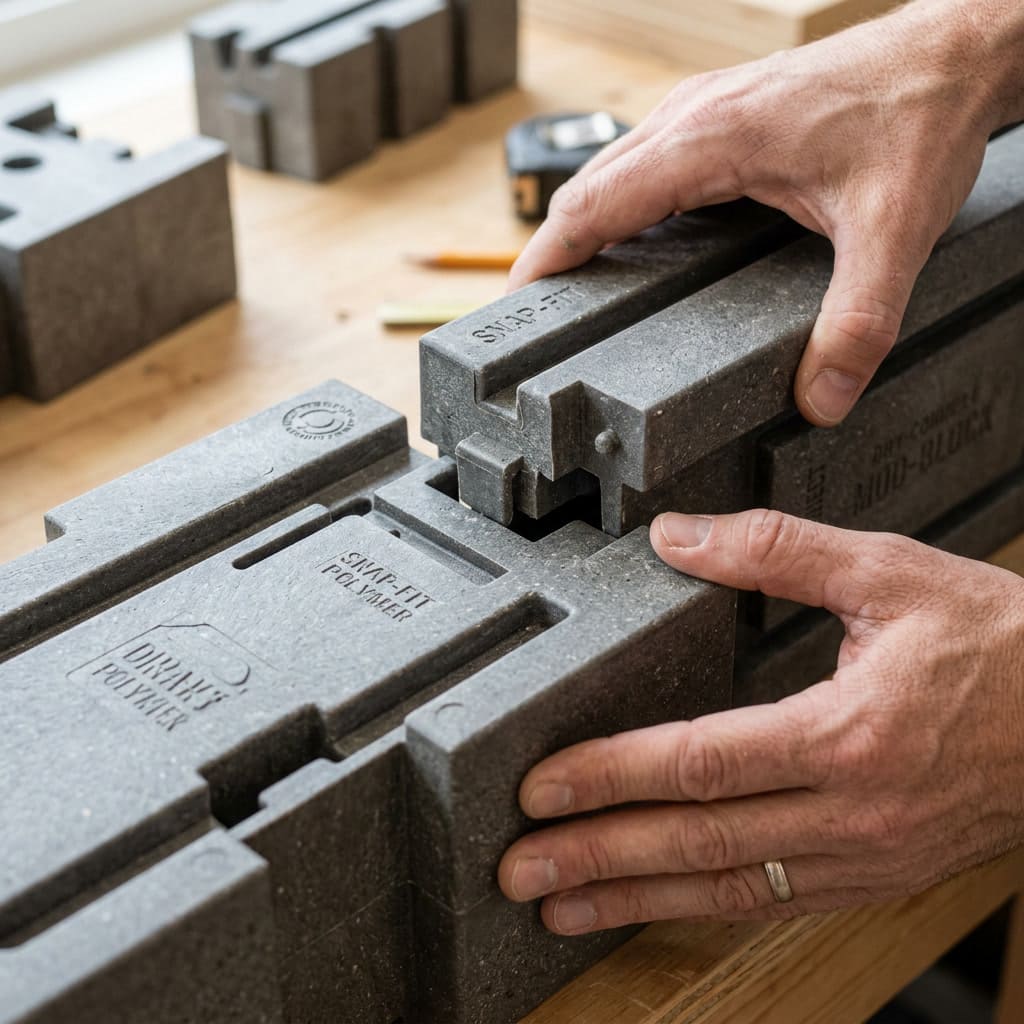 Mãos encaixando blocos modulares perfeitos usando o sistema snap-fit, sem uso de cimento, representando a construção seca.