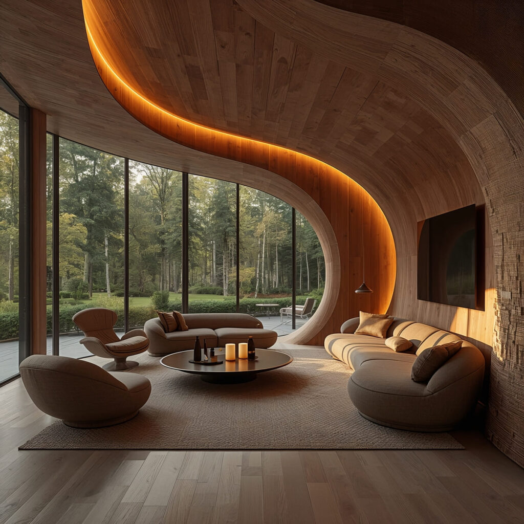 Sala de estar com foco em neuroarquitetura e casa cognitiva, apresentando iluminação circadiana quente e texturas naturais.