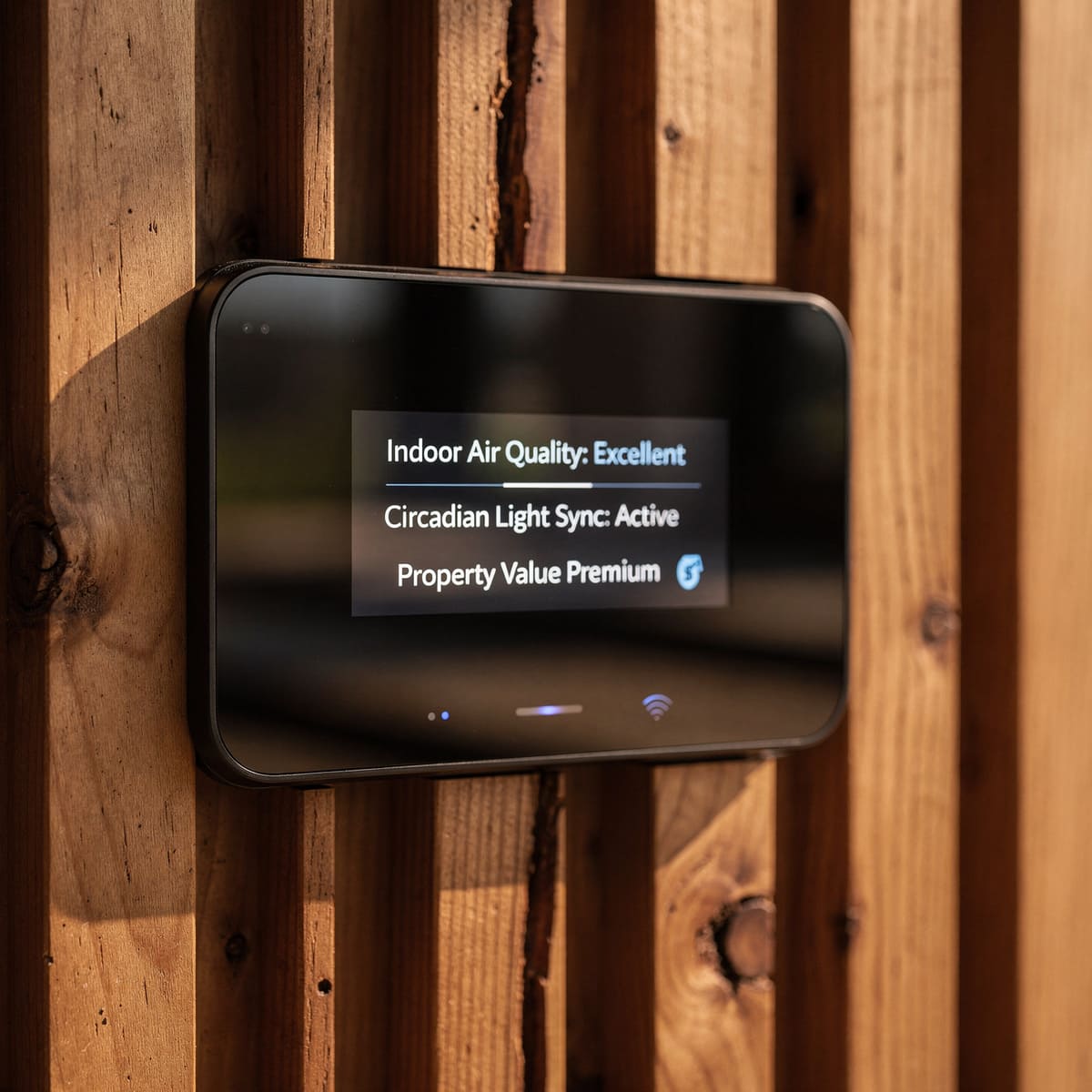 Painel inteligente de controle de qualidade do ar e luz circadiana embutido em parede de madeira ripada.