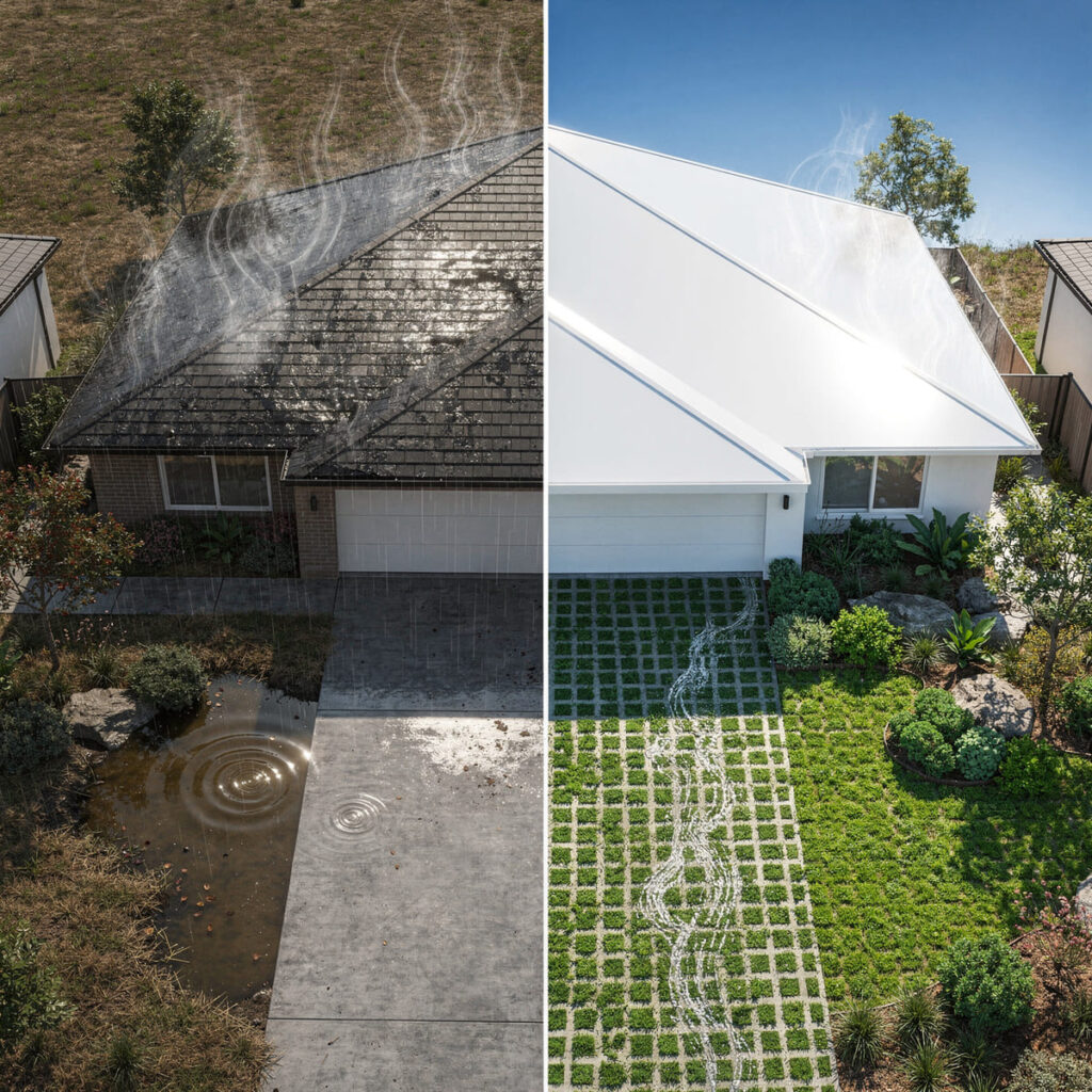 Antes e depois de uma casa com retrofit climático, mostrando telhado de alto albedo refletindo o calor e calçada sustentável com piso drenante.