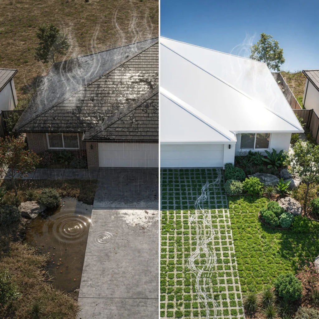 Antes e depois de uma casa com retrofit climático, mostrando telhado de alto albedo refletindo o calor e calçada sustentável com piso drenante.