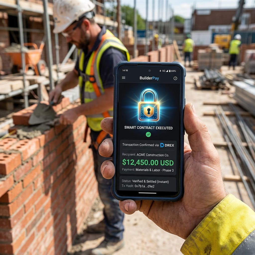 Tela de smartphone em uma obra exibindo a aprovação de um Contrato Inteligente e transferência via DREX para o construtor.