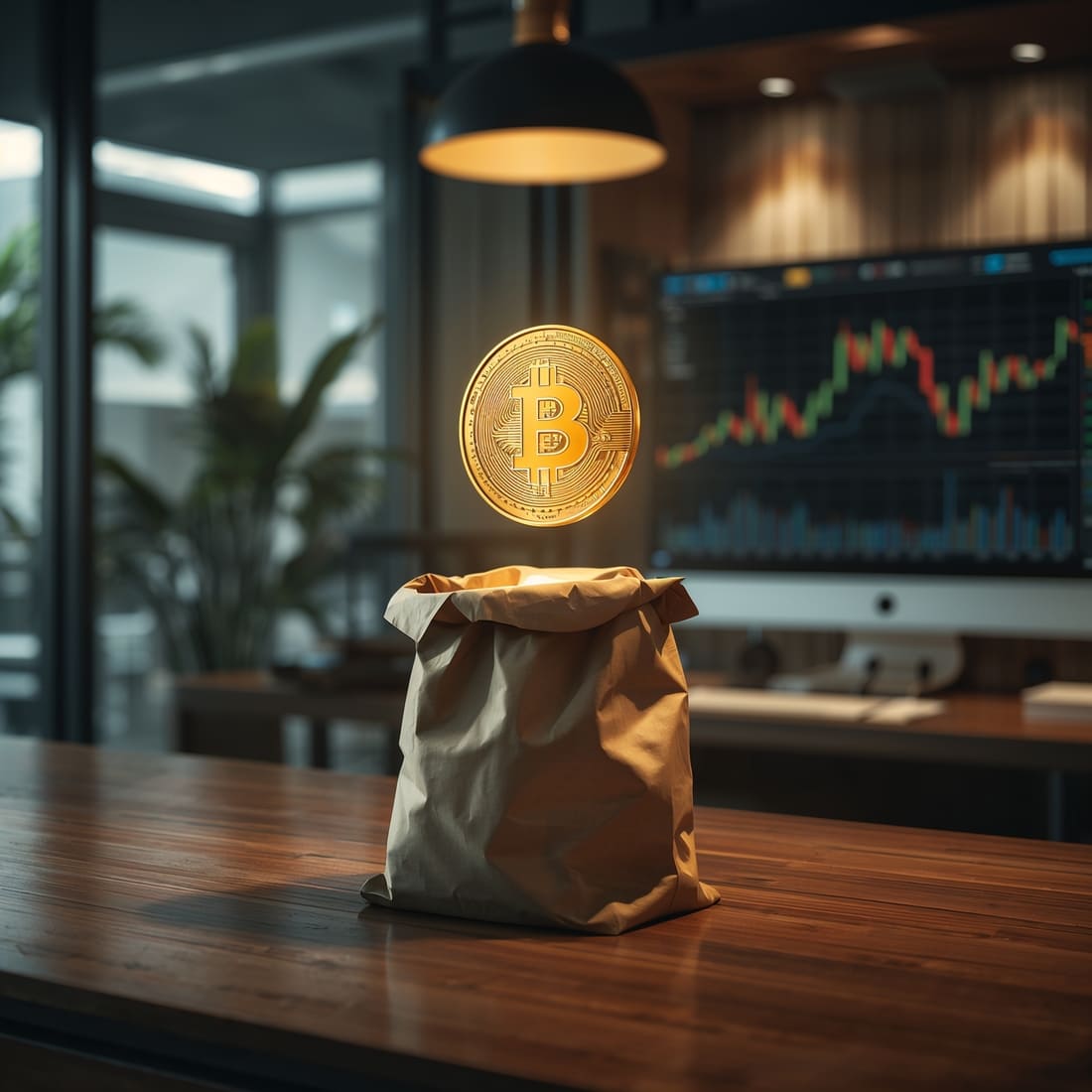 Moeda digital holográfica brilhando acima de um saco de cimento, representando a tokenização de materiais de construção no mercado financeiro.