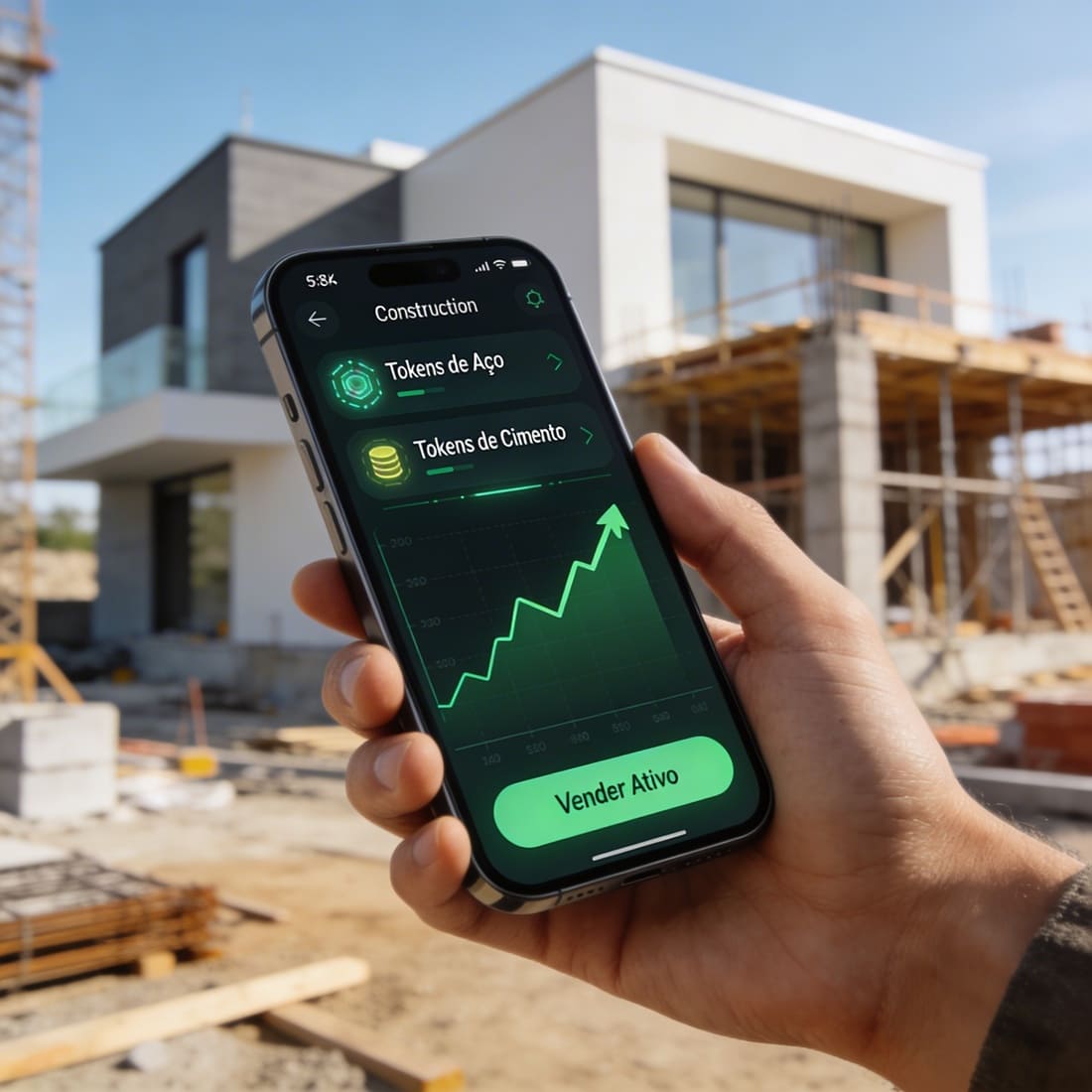 Tela de smartphone em uma obra exibindo um aplicativo financeiro de venda e compra de tokens de aço e cimento em alta.