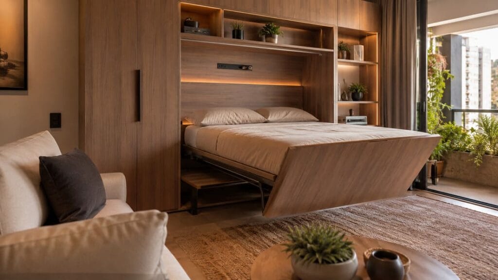Sala de estar com painel de marcenaria multifuncional parcialmente aberto, revelando uma cama retrátil embutida, transformando o ambiente de sala em quarto de hóspedes.