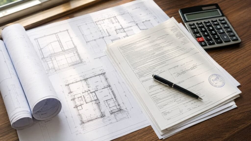 Mesa com plantas de projeto arquitetônico, documentos, carimbo de aprovação da prefeitura e uma calculadora, representando a etapa burocrática antes de iniciar uma obra.