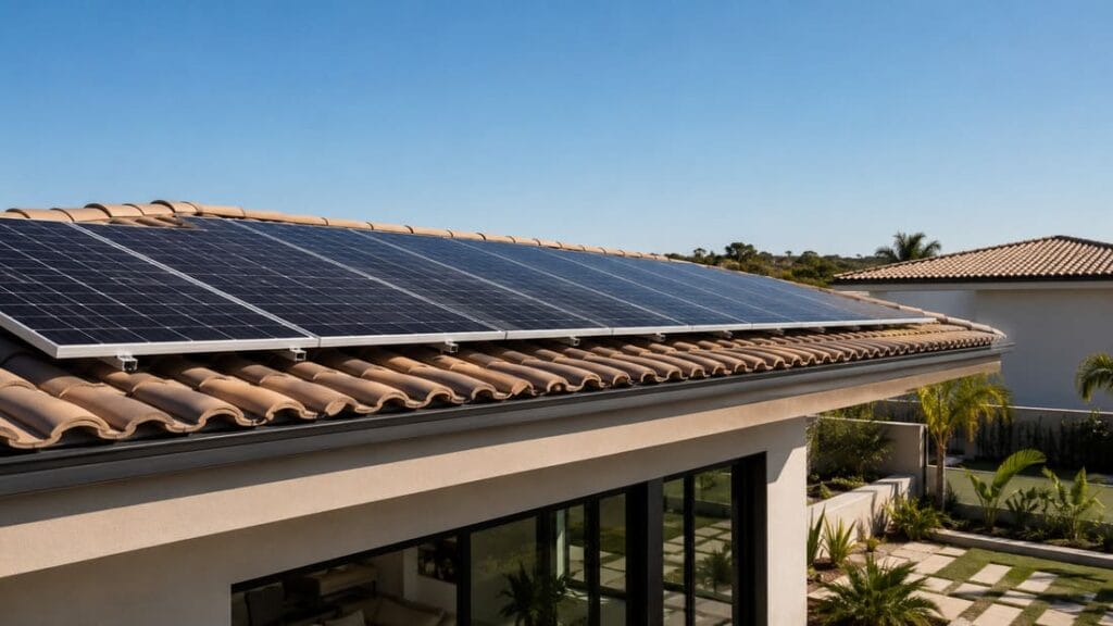 Painéis solares fotovoltaicos instalados no telhado cerâmico de uma casa térrea moderna, sob céu limpo, com um pequeno display do inversor visível na garagem.