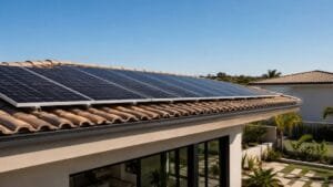 Painéis solares fotovoltaicos instalados no telhado cerâmico de uma casa térrea moderna, sob céu limpo, com um pequeno display do inversor visível na garagem.