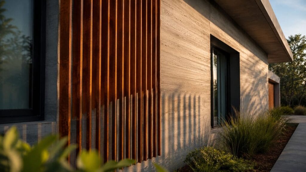Fachada de casa moderna com brise metálico vertical em aço corten, filtrando a luz solar e criando sombras projetadas na parede de concreto aparente.