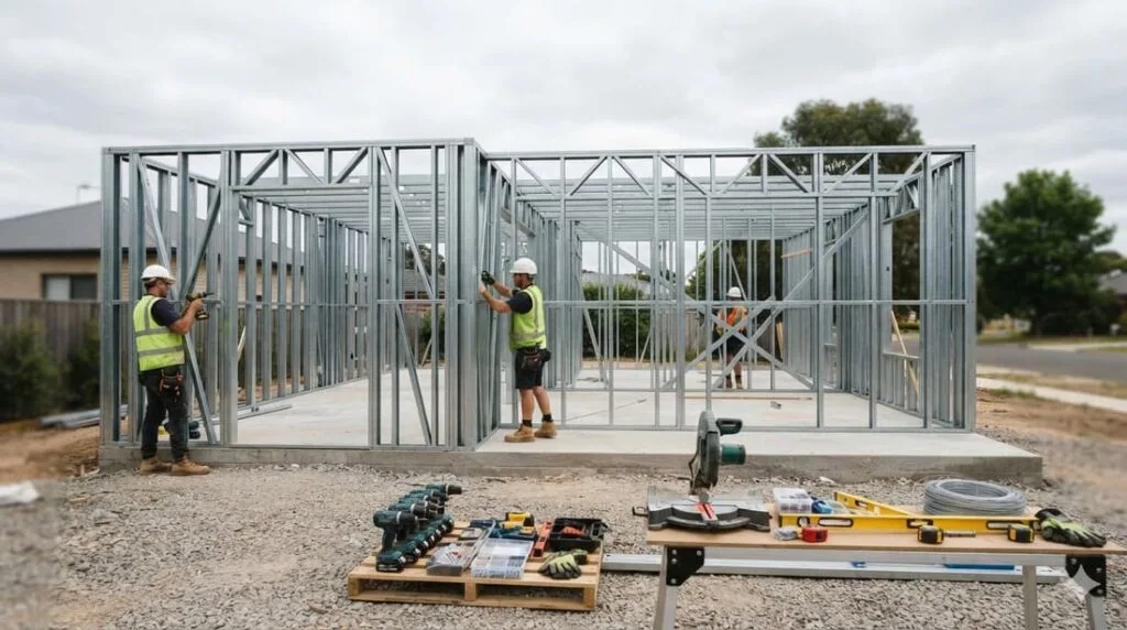 Estrutura de casa em Light Steel Framing sendo montada, com perfis de aço galvanizado formando os painéis das paredes antes do fechamento em placas cimentícias.