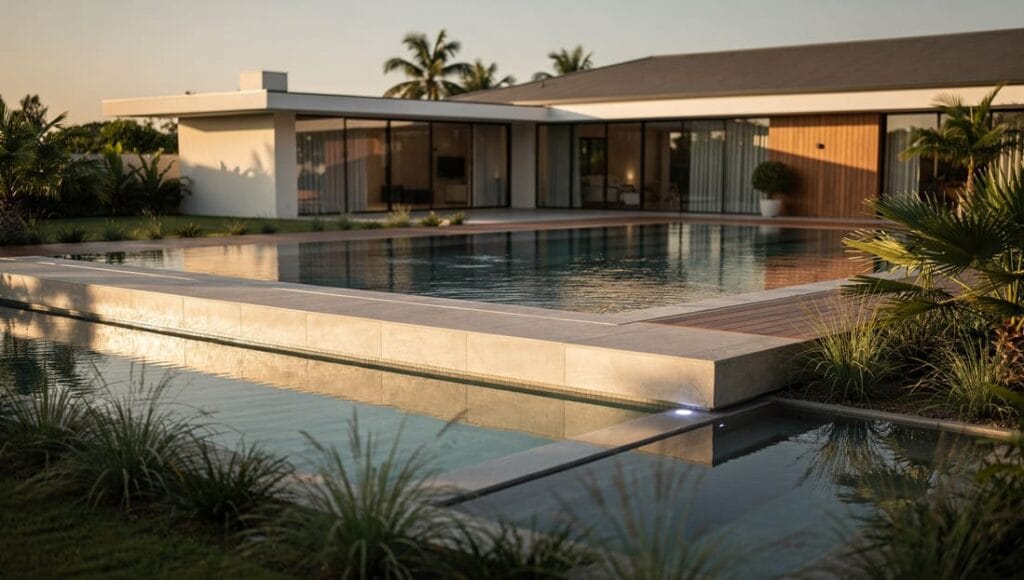 Piscina de alvenaria com borda infinita e revestimento em grandes placas, integrada a um deck de madeira e a um espelho d'água que reflete a fachada da casa ao entardecer.
