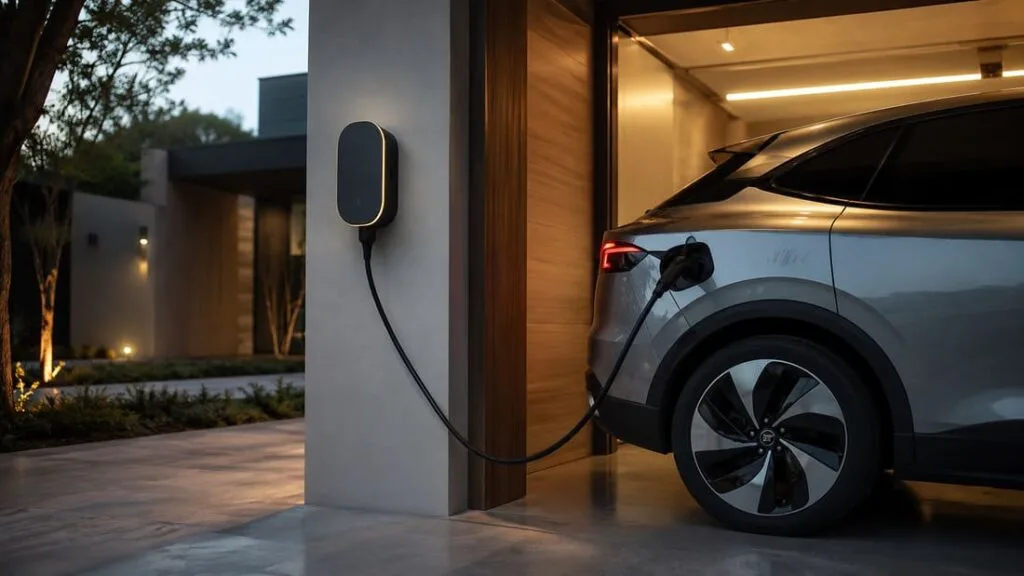 Garagem de casa moderna com um carregador wallbox instalado na parede ao lado de um veículo elétrico, cabo de recarga conectado, iluminação noturna suave.