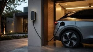 Garagem de casa moderna com um carregador wallbox instalado na parede ao lado de um veículo elétrico, cabo de recarga conectado, iluminação noturna suave.