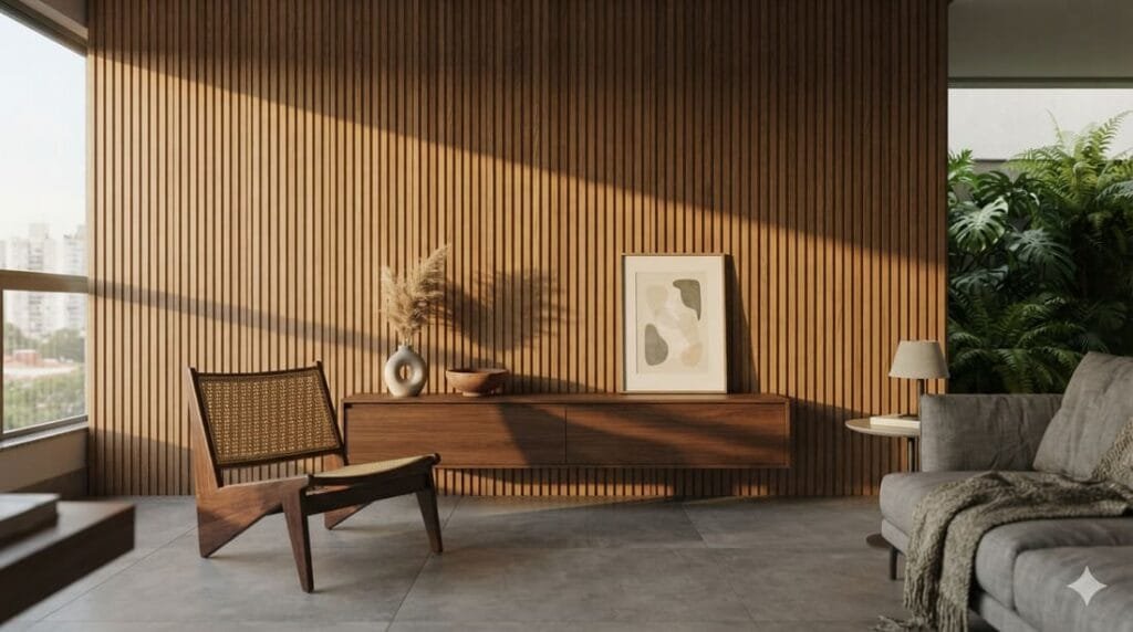 Parede de destaque em sala de estar revestida com painel ripado de madeira, criando relevo vertical e sombras projetadas, iluminação lateral quente.