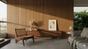 Parede de destaque em sala de estar revestida com painel ripado de madeira, criando relevo vertical e sombras projetadas, iluminação lateral quente.