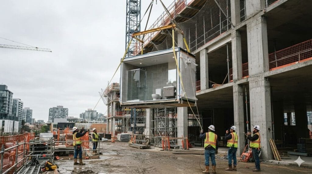 Módulo de banheiro pré-fabricado sendo transportado por guindaste até a estrutura de um edifício em construção, já com revestimento e louças instalados de fábrica.