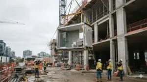 Módulo de banheiro pré-fabricado sendo transportado por guindaste até a estrutura de um edifício em construção, já com revestimento e louças instalados de fábrica.