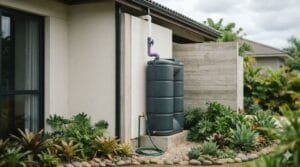Cisterna vertical compacta instalada ao lado de uma casa, conectada à calha do telhado por tubulação roxa, com torneira externa para uso no jardim.