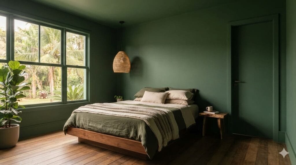 Quarto com paredes, teto, rodapé e porta pintados na mesma cor verde-escura fosca, sem contraste entre os elementos, com luz natural quente entrando pela janela.