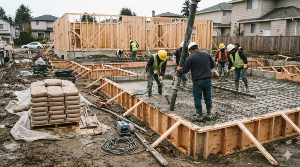 Fundação de concreto armado sendo concretada em uma obra residencial, com sacos de cimento cinza-claro empilhados ao lado, característico do cimento de alto-forno.