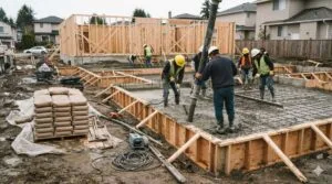Fundação de concreto armado sendo concretada em uma obra residencial, com sacos de cimento cinza-claro empilhados ao lado, característico do cimento de alto-forno.