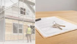 Duas imagens lado a lado: de um lado uma casa em fase de acabamento com andaimes, do outro as chaves de um imóvel pronto sendo entregues sobre uma planta de contrato.