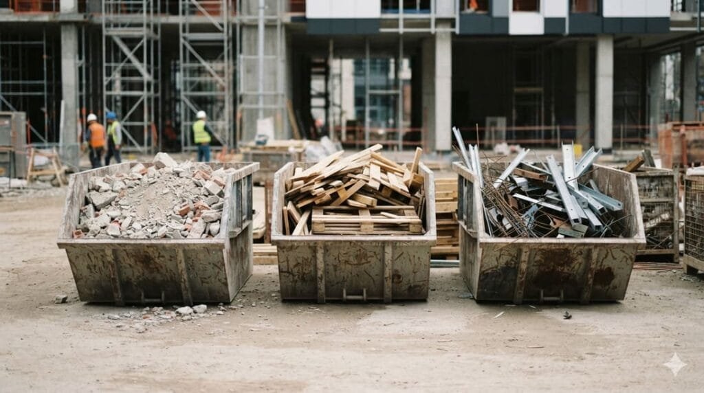 Canteiro de obras organizado com resíduos de construção separados por categoria em contêineres identificados: entulho de concreto, madeira e metal, prontos para reciclagem.