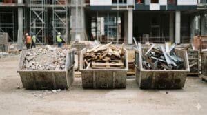 Canteiro de obras organizado com resíduos de construção separados por categoria em contêineres identificados: entulho de concreto, madeira e metal, prontos para reciclagem.