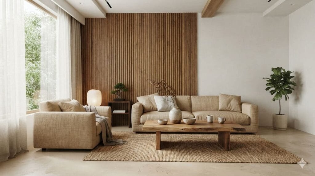 Sala de estar em estilo japandi com painel ripado em madeira freijó, piso em cimento queimado claro, tecidos de linho neutros e cerâmica artesanal sobre uma mesa de centro baixa.