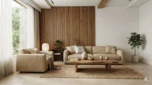 Sala de estar em estilo japandi com painel ripado em madeira freijó, piso em cimento queimado claro, tecidos de linho neutros e cerâmica artesanal sobre uma mesa de centro baixa.