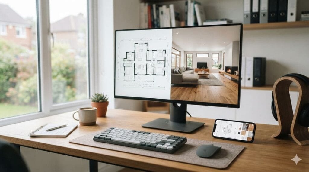 Tela de computador mostrando uma planta baixa de casa gerada digitalmente ao lado de uma renderização 3D fotorrealista do mesmo ambiente, com um smartphone exibindo um aplicativo de design ao lado.