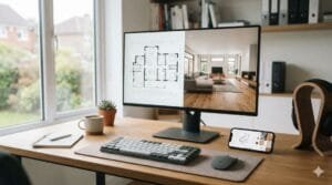 Tela de computador mostrando uma planta baixa de casa gerada digitalmente ao lado de uma renderização 3D fotorrealista do mesmo ambiente, com um smartphone exibindo um aplicativo de design ao lado.