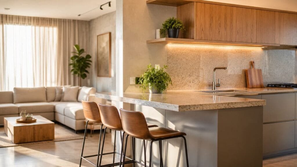 Cozinha integrada à sala com bancada em formato de península ligada a uma parede lateral, tampo em granito claro e banquetas do lado voltado para o living.