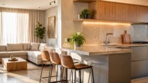 Cozinha integrada à sala com bancada em formato de península ligada a uma parede lateral, tampo em granito claro e banquetas do lado voltado para o living.