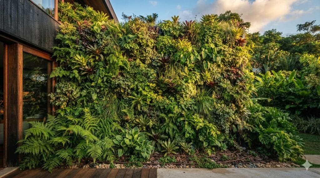 Parede externa de casa moderna coberta por jardim vertical natural, com folhagem densa cobrindo toda a fachada e sistema de irrigação discreto visível na base.