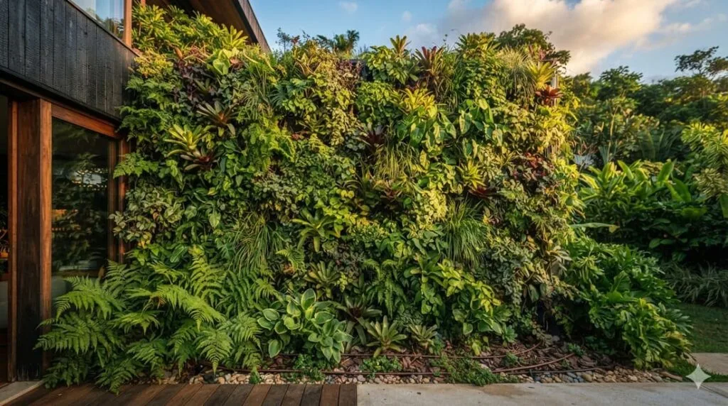 Parede externa de casa moderna coberta por jardim vertical natural, com folhagem densa cobrindo toda a fachada e sistema de irrigação discreto visível na base.