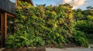 Parede externa de casa moderna coberta por jardim vertical natural, com folhagem densa cobrindo toda a fachada e sistema de irrigação discreto visível na base.