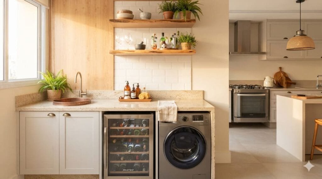 Lavanderia gourmet integrada com bancada de granito, tanque decorativo e nicho com adega climatizada embutida, próxima à área gourmet da casa.