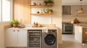Lavanderia gourmet integrada com bancada de granito, tanque decorativo e nicho com adega climatizada embutida, próxima à área gourmet da casa.