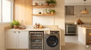 Lavanderia gourmet integrada com bancada de granito, tanque decorativo e nicho com adega climatizada embutida, próxima à área gourmet da casa.